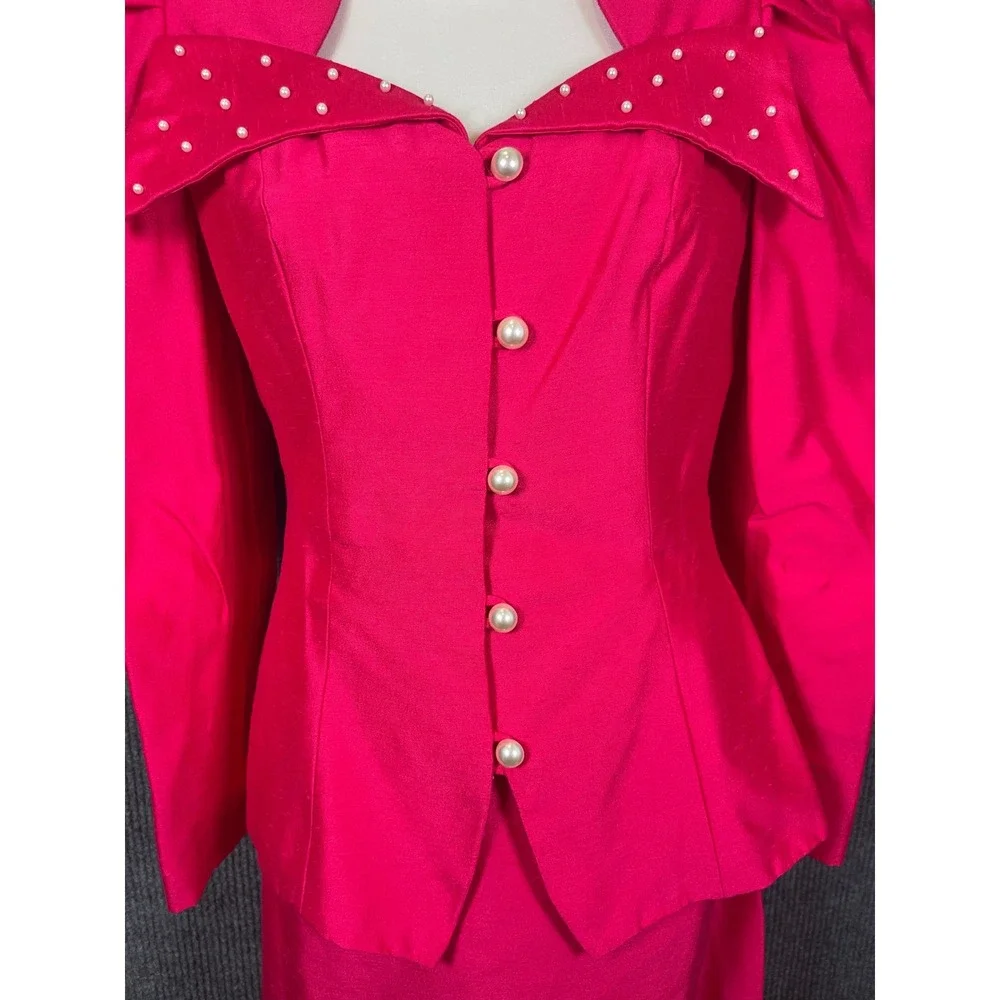 Vintage 80s Hot Pink Maxi Skirt Suit Set S/M Hot Pink Pearl Puff Sleeve USA Glam